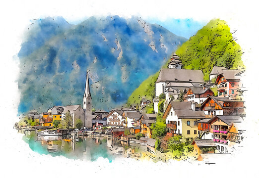 Hallstatt Village in Austria, watercolor sketch illustration.