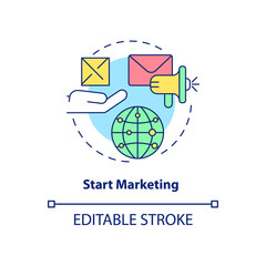 Start marketing concept icon. Promotional campaign. Export business tips abstract idea thin line illustration. Isolated outline drawing. Editable stroke. Arial, Myriad Pro-Bold fonts used