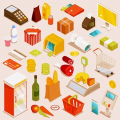 Online supermarket and grocery store supplies isomeric set. Food order and shopping