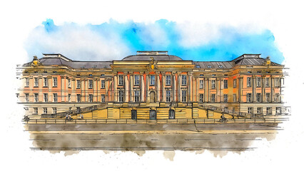 The Potsdam City Palace  (Potsdamer Stadtschloss), a building in Potsdam, Germany, located on the Old Market Square, watercolor sketch illustration.