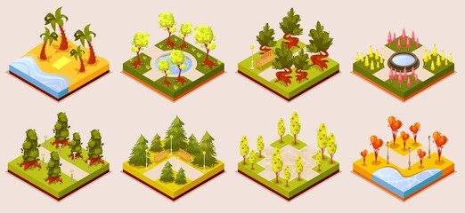 Isometric public park, lawn, meadow, forest land scenery. Scenery structure model isolated set