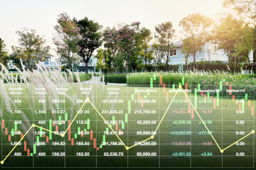 Business stock financial index data of real estate property investment cost rising up with high budget for presentation report background.