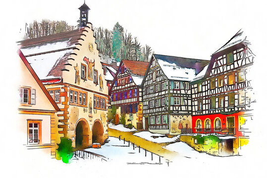 The medieval village of Schiltach in the Black Forest Germany with its half-timbered houses in winter, watercolor sketch illustration.
