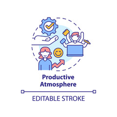 Productive atmosphere concept icon. Positive working environment abstract idea thin line illustration. Job satisfaction. Isolated outline drawing. Editable stroke. Arial, Myriad Pro-Bold fonts used