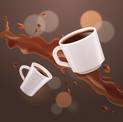 realistic espresso coffee in white cups hot americano drink vector illustration