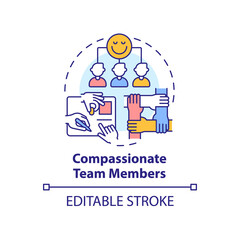 Compassionate team members concept icon. Positive working environment abstract idea thin line illustration. Show empathy. Isolated outline drawing. Editable stroke. Arial, Myriad Pro-Bold fonts used