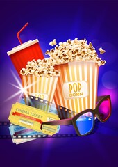 Cinema movie poster with popcorn, soda, ticket, film reel, glasses