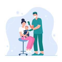 A nurse vaccinates a mother with a child. Global vaccination concept against flu, viruses, infections, or diseases. Process of immunization against coronavirus, covid-19. Vector flat illustration.