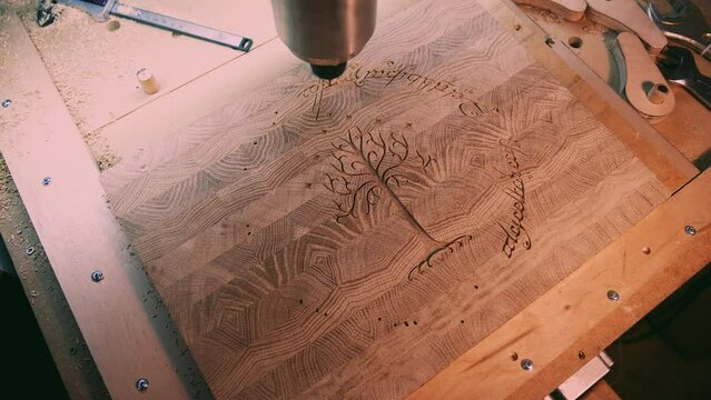 Woodworking, CNC Machine Makes An Inscription With A Pattern
