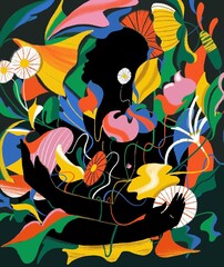 Person surrounded by flowers hugging self