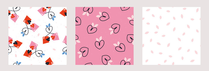 Set of retro seamless pattern with hand drawn cherry kiss perfect for fabric, textile, wrapping paper.Summer repeating vector texture trendy design.Happy Valentines day love concept on pink background