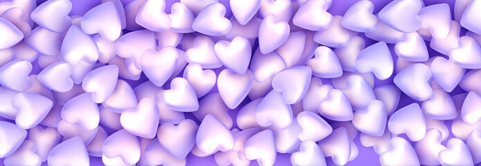 3d violet hearts pattern banner background. Scattered hearts like candy.