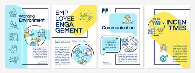 Productive office environment blue and yellow brochure template. Leaflet design with linear icons. 4 vector layouts for presentation, annual reports. Questrial, Lato-Regular fonts used