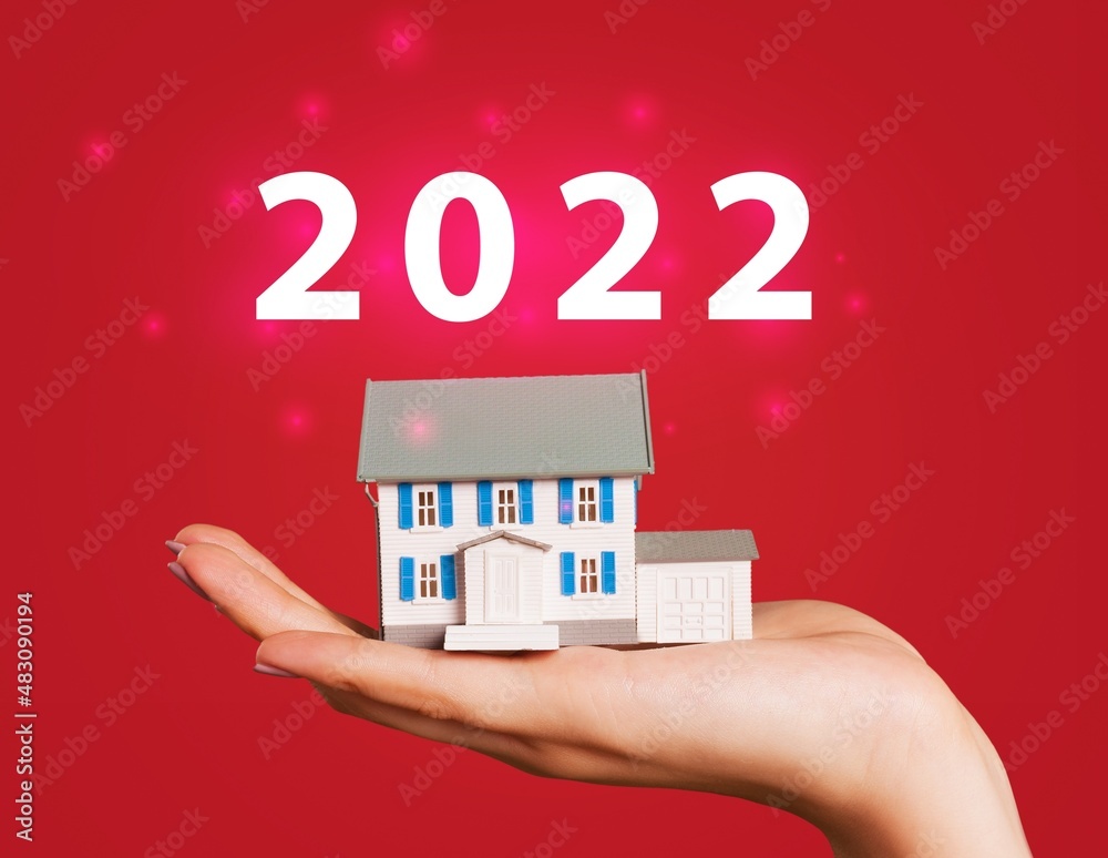 Poster New House 2022, business concept of Real Estate, Home Property for Sale and rent