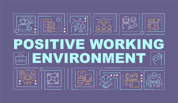 Positive Workplace Culture Word Concepts Purple Banner. Work Life Balance. Infographics With Icons On Color Background. Isolated Typography. Vector Illustration With Text. Arial-Black Font Used