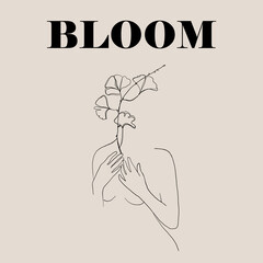 Continuous line, drawing of woman face, fashion concept, woman beauty minimalist with Abstract floral elements pastel colors. One line continuous drawing. Bloom poster vector illustration - 483090530