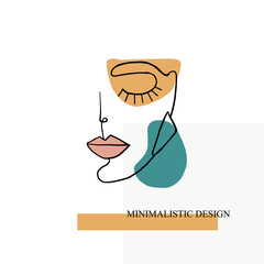 Contemporary abstract linear face drawing in pastel colors. Beauty fashion emblem or logo. Simple design. Creative composition. Aesthetic minimalism woman face. Hairstyle, fashion logo. - 483090711
