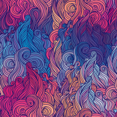 Vector color abstract hand-drawn hair pattern with waves and clouds. Asian style element for design.