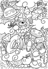 Cartoon cute monsters, monster party card design  illustration, hand drawn.coloring book.