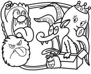 Cartoon cute monsters, monster party card design  illustration, hand drawn.coloring book.