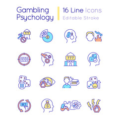 Gambling psychology RGB color icons set. Reasons of addiction. Overcoming problem. Isolated vector illustrations. Simple filled line drawings collection. Editable stroke. Quicksand-Light font used