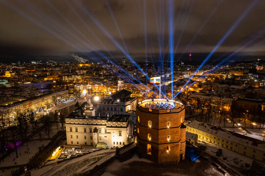 Aerial winter night view of snowy Vilnius old town, Lithuania