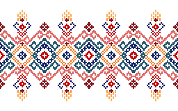 Pixel pattern. Cross Stitch. Geometric ethnic oriental pattern traditional Design for clothing, fabric, background, wallpaper, wrapping, batik. Knitwear,  Embroidery style. Vector illustration.