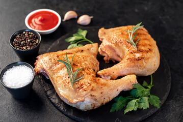 two grilled chicken legs with spices and herbs on a stone background