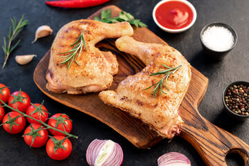two grilled chicken legs with spices and herbs on a stone background
