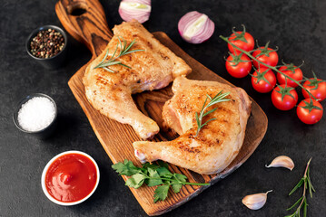 two grilled chicken legs with spices and herbs on a stone background
