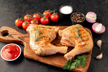 two grilled chicken legs with spices and herbs on a stone background