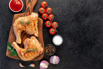 two grilled chicken legs with spices and herbs on a stone background with copy space for your text