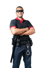 Fototapeta na wymiar Security guards wearing black glasses.stand with arms crossed with rubber batons and handcuffs on tactical belts. on a isolated white background Eliminate the concept of security