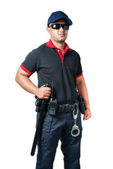 Fototapeta na wymiar Security guards wearing black glasses and hats Stand holding a rubber baton and handcuffs on a tactical belt. on a isolated white background Eliminate the concept of security