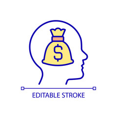 Obsession with money RGB color icon. Thought of wealth. Psychology of poverty. Compulsive mental disorder. Isolated vector illustration. Simple filled line drawing. Editable stroke. Arial font used