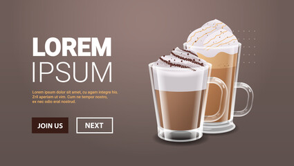 realistic coffee in glasses hot frappe and glace drinks horizontal