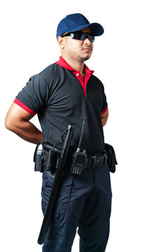 The security guard, wearing black glasses, wearing a cap, stands ready. There are rubber batons and handcuffs on the tactical belt. isolated white background Eliminate the concept of security