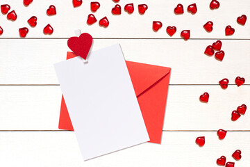 Blank card or invitation mockup with envelope and hearts