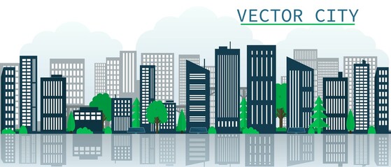 Vector poster with modern city view with skyscrapers.City street view.	