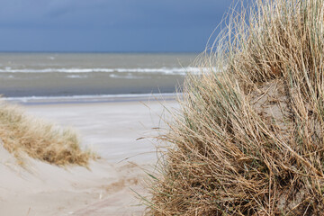 Beach on the North Sea. Small dune with grass and with the North Sea in the background. At the sea in a German travel destination. Promenade in the Netherlands. Vacation in spring	