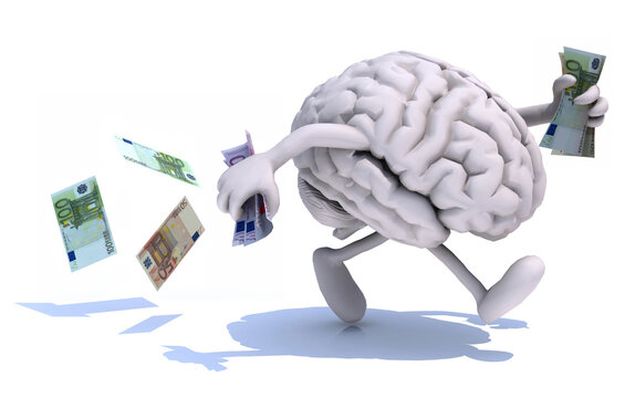 brain with arms and legs run away with euro banknotes