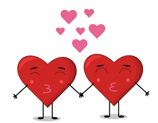 Two hearts kiss.  Vector Two cartoon hearts together