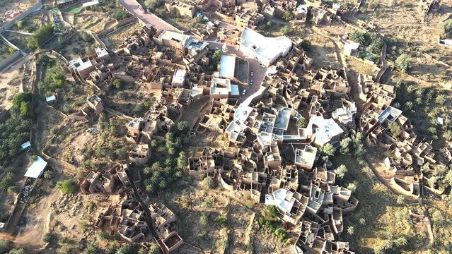 A drone camera flies over Ushaiqer Heritage Village, Saudi Arabia