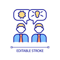 Employee engagement RGB color icon. Young entrepreneurs. Exchanging thoughts and ideas with colleagues. Isolated vector illustration. Simple filled line drawing. Editable stroke. Arial font used