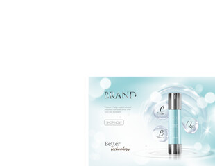 Moisturizing luxury cosmetic products and, light blue bokeh background with extract in bubble effect beautiful containers and watery texture in 3d illustration