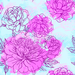 Elegant Seamless color peony pattern on blue background, vector illustration