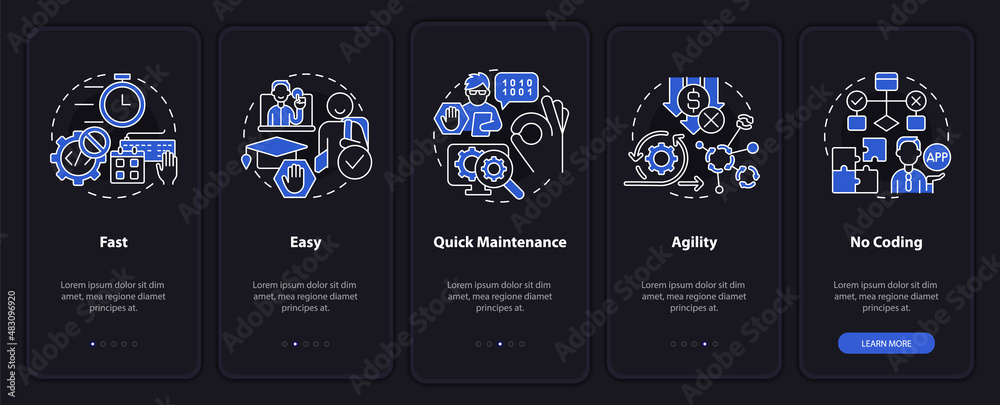 Wall mural advantages of no code night mode onboarding mobile app screen. web 3 0 walkthrough 5 steps graphic i