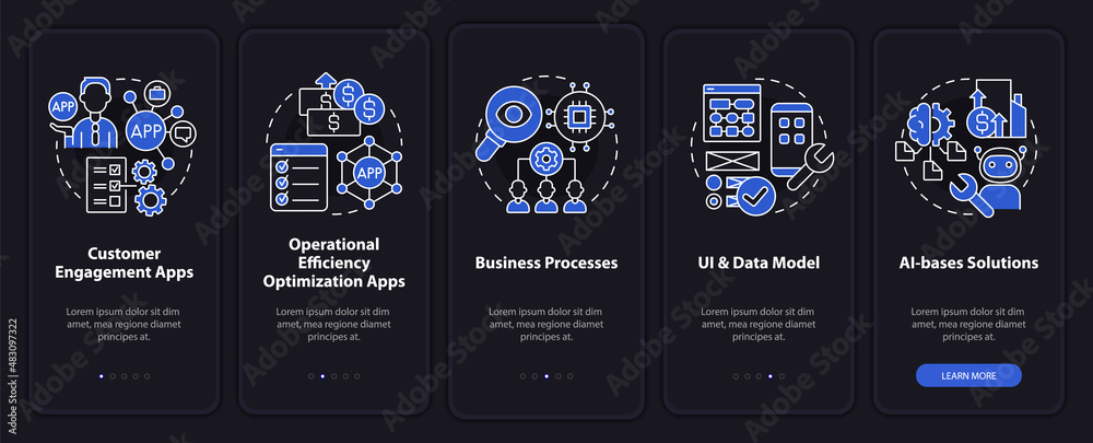 Wall mural apps created with low code night mode onboarding mobile app screen. web walkthrough 5 steps graphic 
