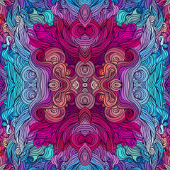 Vector color abstract hand-drawn hair pattern with waves and clouds. Asian style element for design.