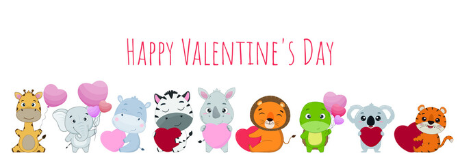 Big set of cartoon animals with hearts: giraffe, elephant, hippo, zebra, rhinoceros, lion, turtle, koala, tiger. Set of elements for design and printing for valentine's day. Vector illustration